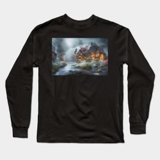 Magical Fantasy House with Lights in a Snowy Scene, Fantasy Cottagecore artwork Long Sleeve T-Shirt